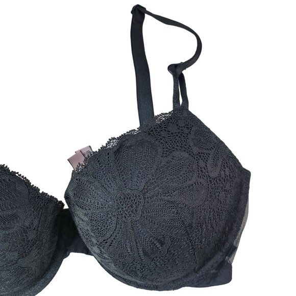 Victoria's Secret Lace Overlay Lined Demi Bra Black 32DD Adj Trim Mesh Underwire - Picture 3 of 11